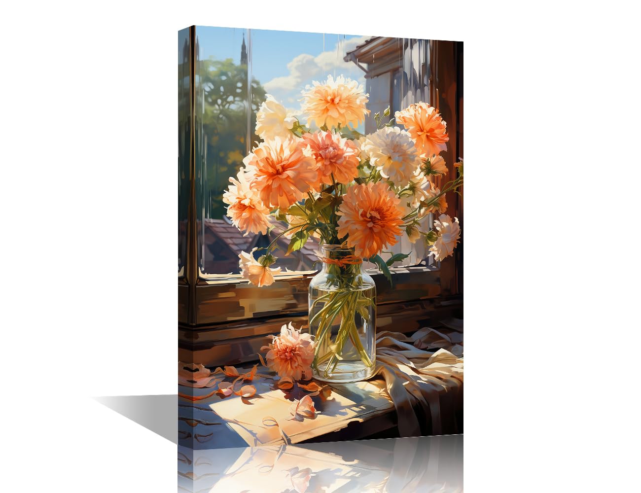 TISHIRON 1 Piece Vase Canvas Wall Art for Bedroom Dahlias Wall Art for Living Room Blooming Flower Modern Artwork for Home Giclee Framed Ready to Hang 24x16in