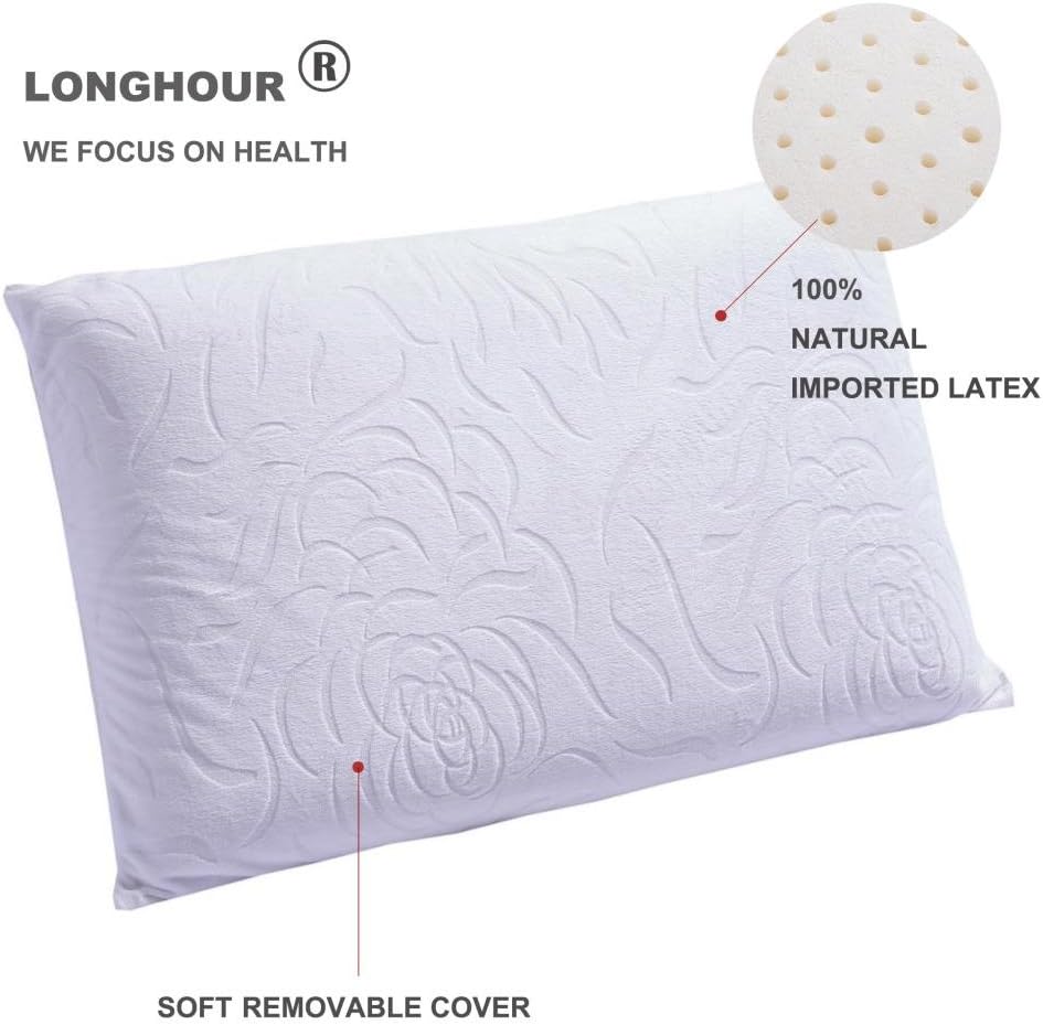 Longhour LONGHOUR174; Breathable Natural Latex Pillow with Soft Flowers Embossed Velour Pillowcase, Standard Size