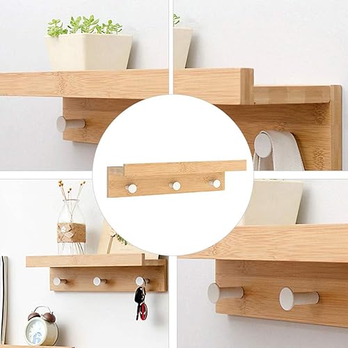 Miniatura 7 de Cabilock Perchero de montaje en pared con estante estante flotante de madera resistente con ganchos, llave decorativa y soporte de correo para pared