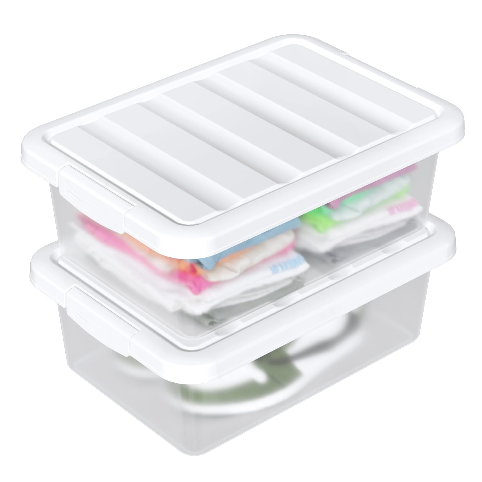 Lot de 2 boîtes de rangement en plastique transparent avec couvercle blanc, 16 l