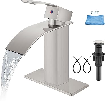 Aolemi Bathroom Faucet Single Handle 1 Hole Deck Mount Lavatory Vanity RV Sink Mixer Basin Tap with Cover Plate and Pop Up Drain Assembly, Brushed Nickel, Waterfall Spout