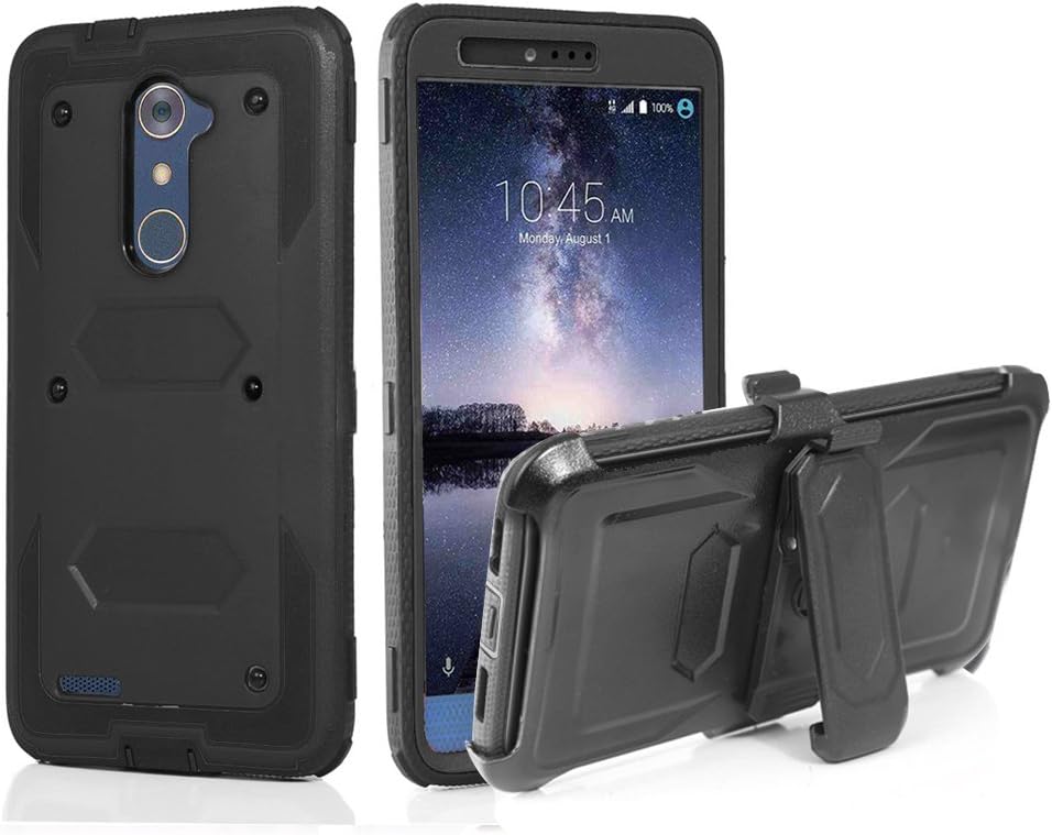 J.west Compatible with ZTE ZMax Pro Case, Belt Clip Kickstand Heavy Duty Full-Body Rugged Protection Impact Armor TPU Hard Case Cover Without Screen Protector for ZTE Zmax Pro Z981/Grand X Max 2 Black