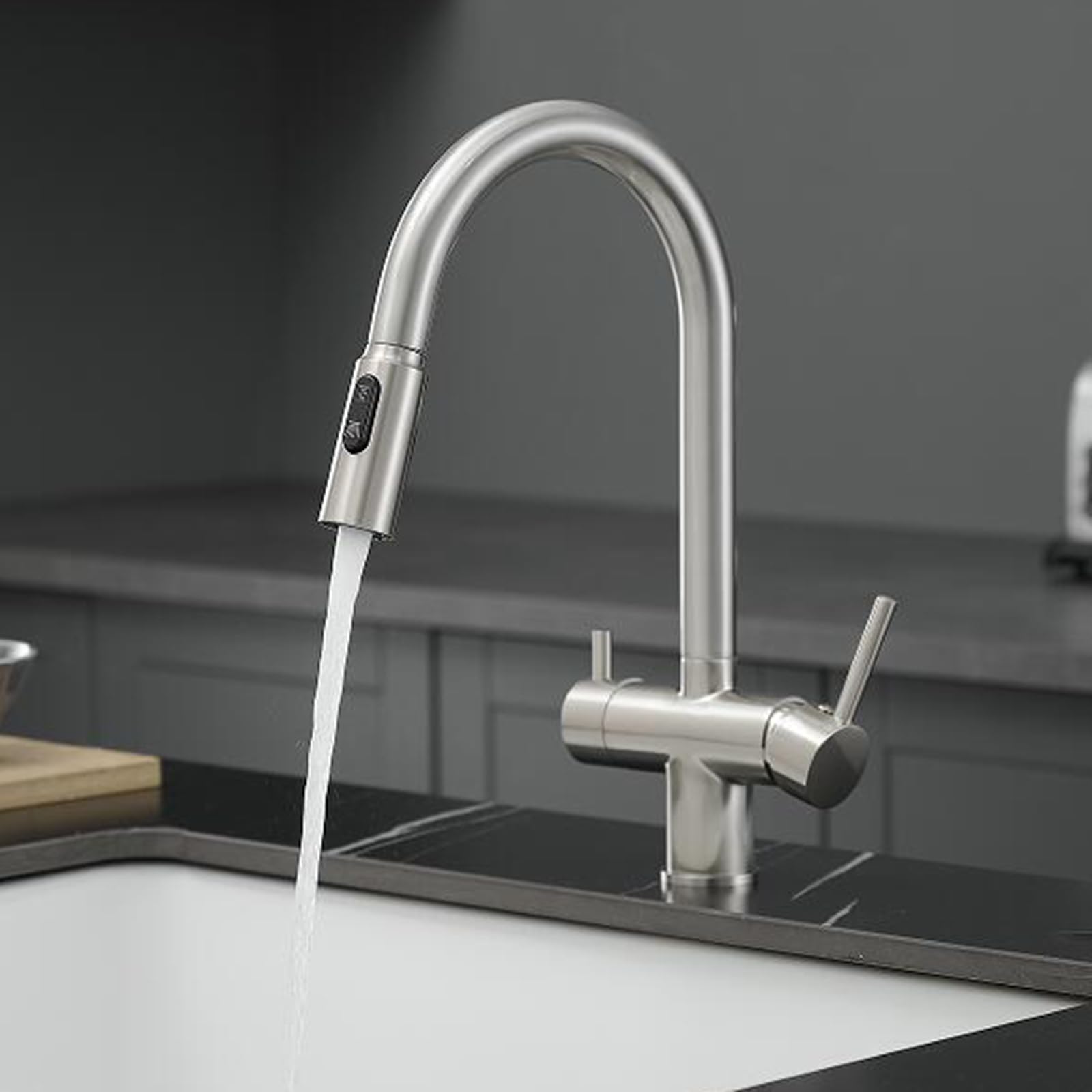 Grifo Cocina 3 Vias Osmosis Extraible Doble Manija Giratorio Latón Grifo 3 Vias Extensible-Cepillado