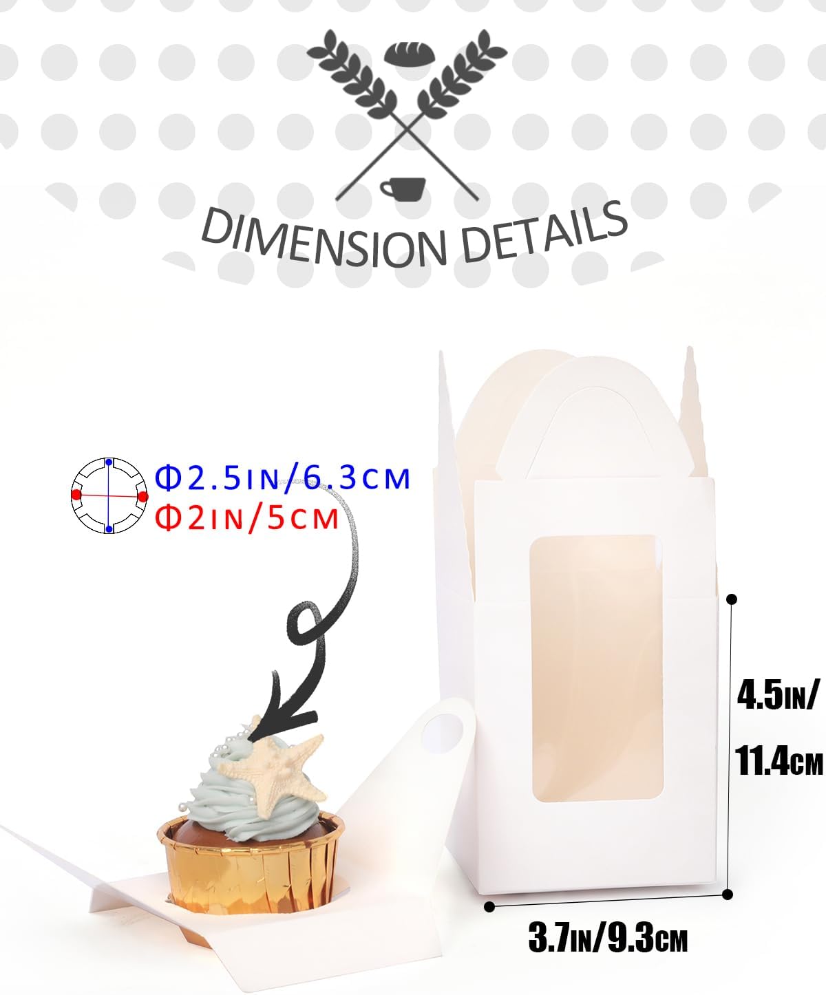 qiqee 100Packs Cupcake Boxes Individual Cupcake Holders Disposable White Single Cupcake Boxes with Window 3.7 * 3.7 * 4.5inch Cupcake Containers