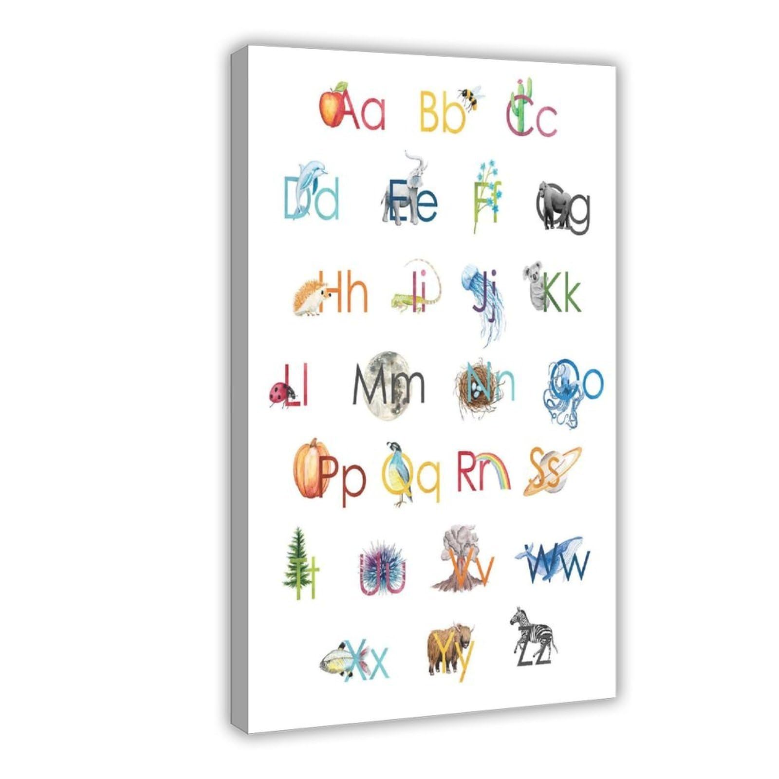 Poster éducatif sur toile avec lettres de l'alphabet naturel pour chambre d'enfant - Décoration murale pour salon, chambre à coucher - 40 x 60 cm