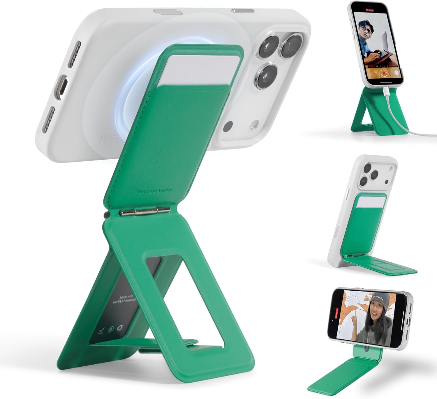 MOFT Phone Tripod Wallet for iPhone, Mulit-Angles, Lightweight & Portable Phone Stand, MOVAS Vegan Leather Magnetic Wallet, Strong Magnets, NFC Card Holder,Travel Essential, Oz Green (with Card Slot)