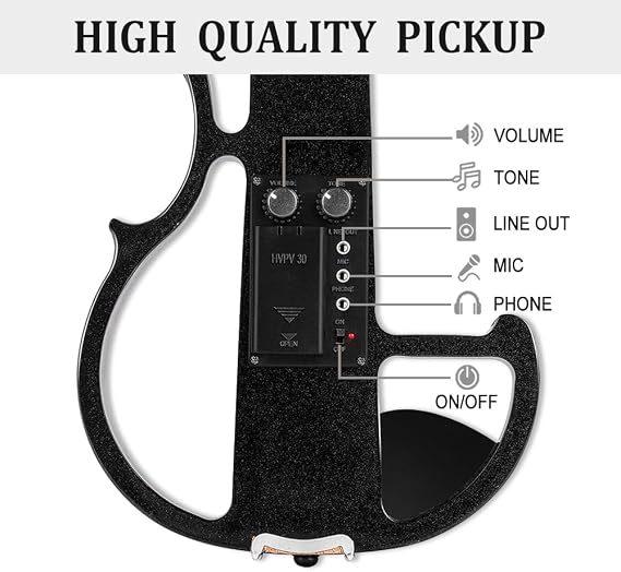 4/4 Full Size Electric Violin Silent Electric Violin with Headphone Jack, Ebony Fittings Includes Case, Bow, Ideal for Practice & Performance (Black)