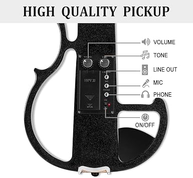 4/4 Full Size Electric Violin Silent Electric Violin with Headphone Jack, Ebony Fittings Includes Case, Bow, Ideal for Practice & Performance (Black)