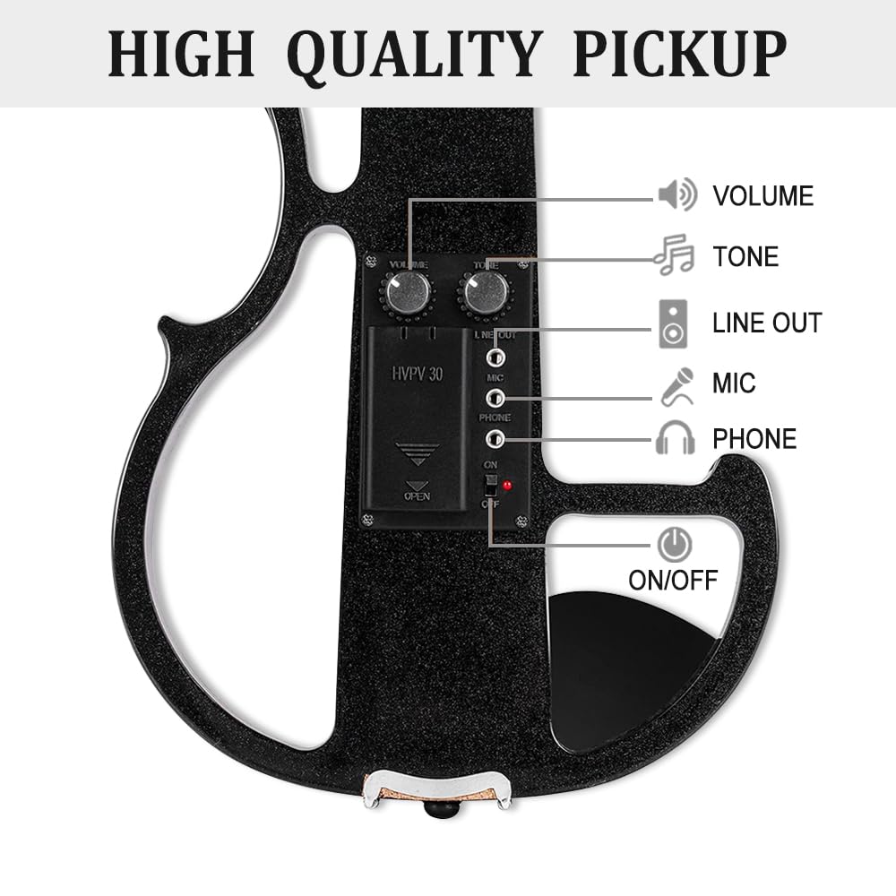 Violino elettrico 4/4 full size - Violino elettrico silenzioso con jack per cuffie, accessori in ebano - Include custodia, archetto - ideale per pratica e performance