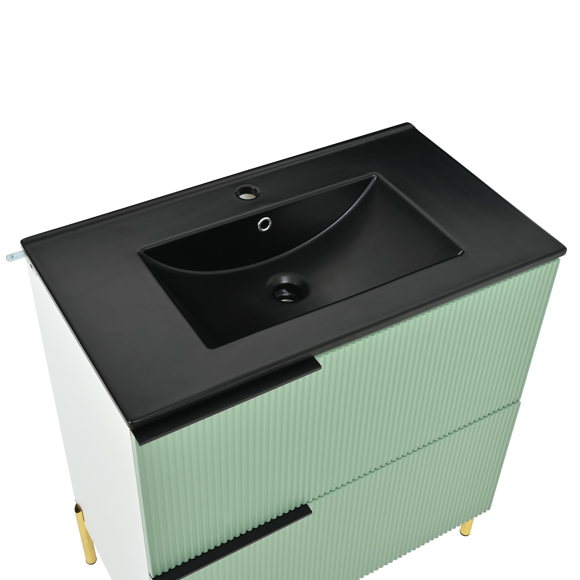 Bladez Mueble bajo lavabo con lavabo de cerámica – Armario de baño con 2 cajones, independiente, melamina MDF, asas de metal verde y negro, diseño moderno, resistente a la humedad
