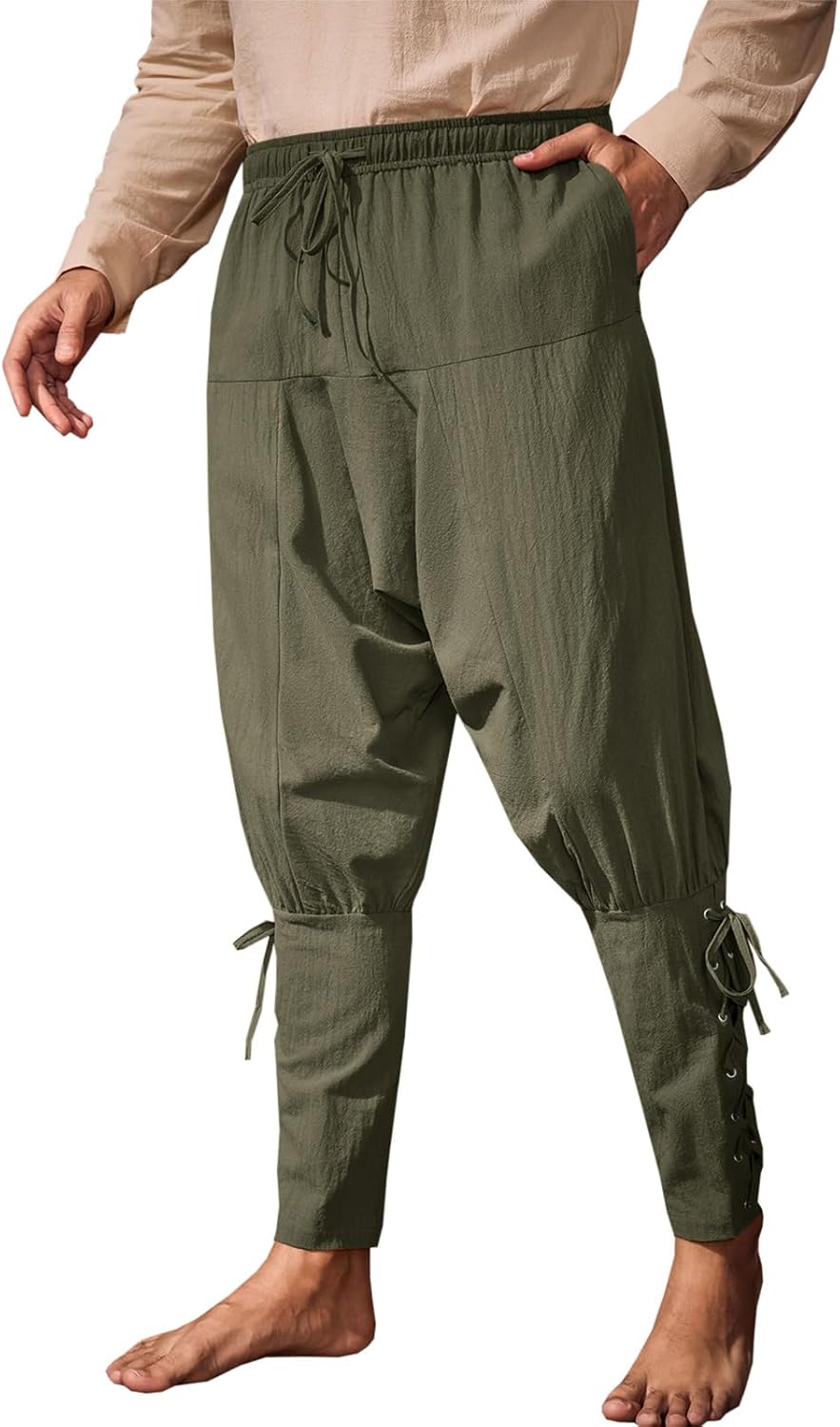 Runcati Mens Medieval Ankle Banded Pants Renaissance Viking Pirate Navigator Costume Pants Lace Up Cotton Halloween Trousers