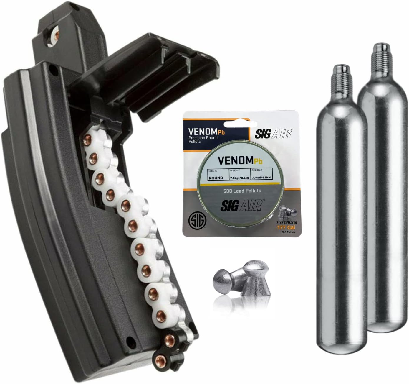 Sіg Sauer MPX/MCX Air Rifle .177 Cal 30rd Magazine with 1x500 .177 Pellets and 2X 90gr CO2 Tanks Bundle