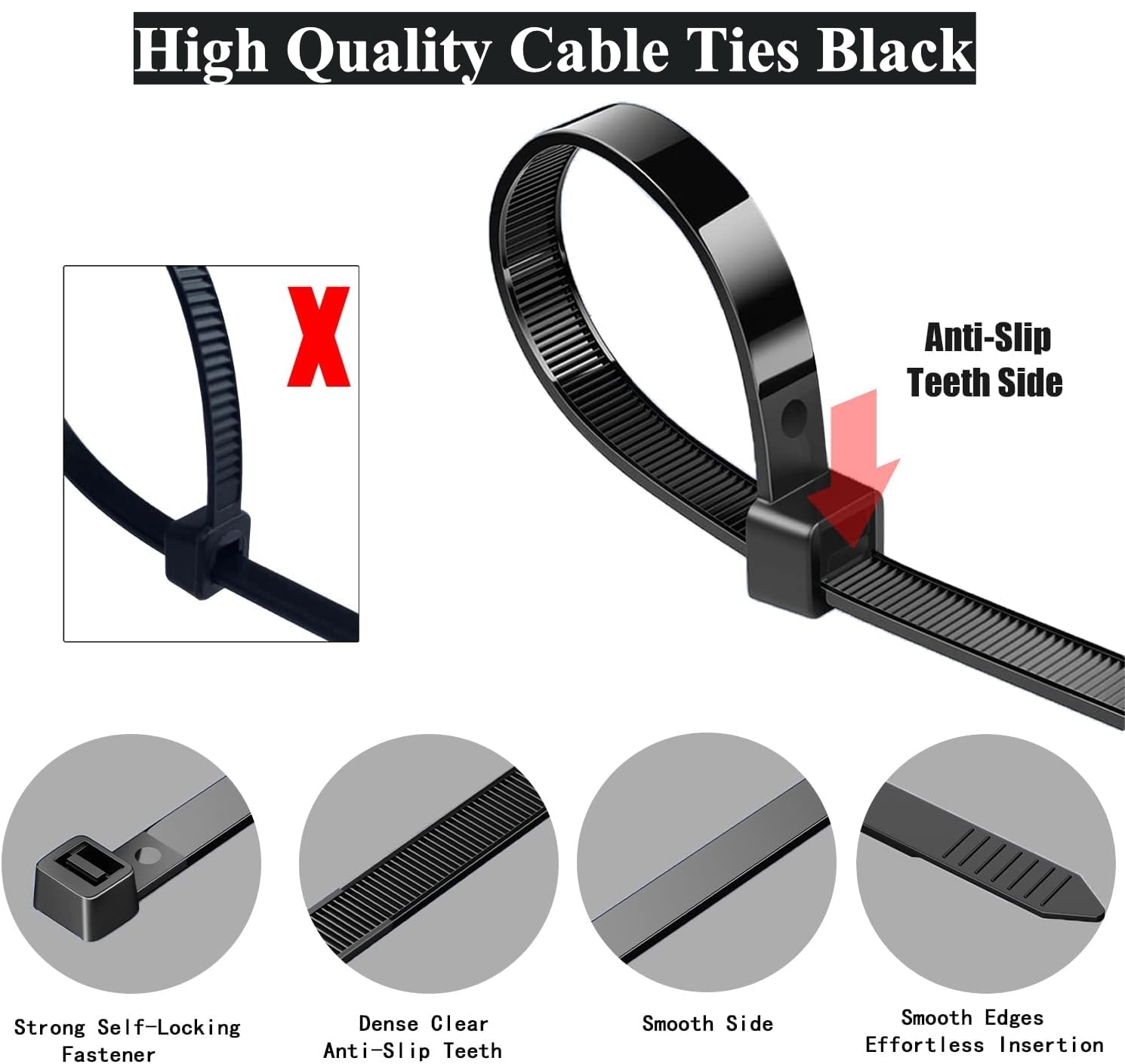200Pcs Cable Ties Black, 300mm x 4.8mm, Heavy Duty Nylon Cable Ties with 30kg Tensile Strength - Image 3