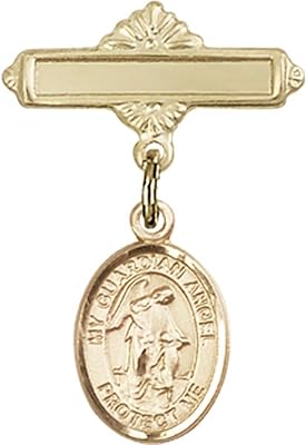 14kt Yellow Gold Baby Badge with Guardian Angel Charm and Polished Badge Pin 1 X 5/8 inches