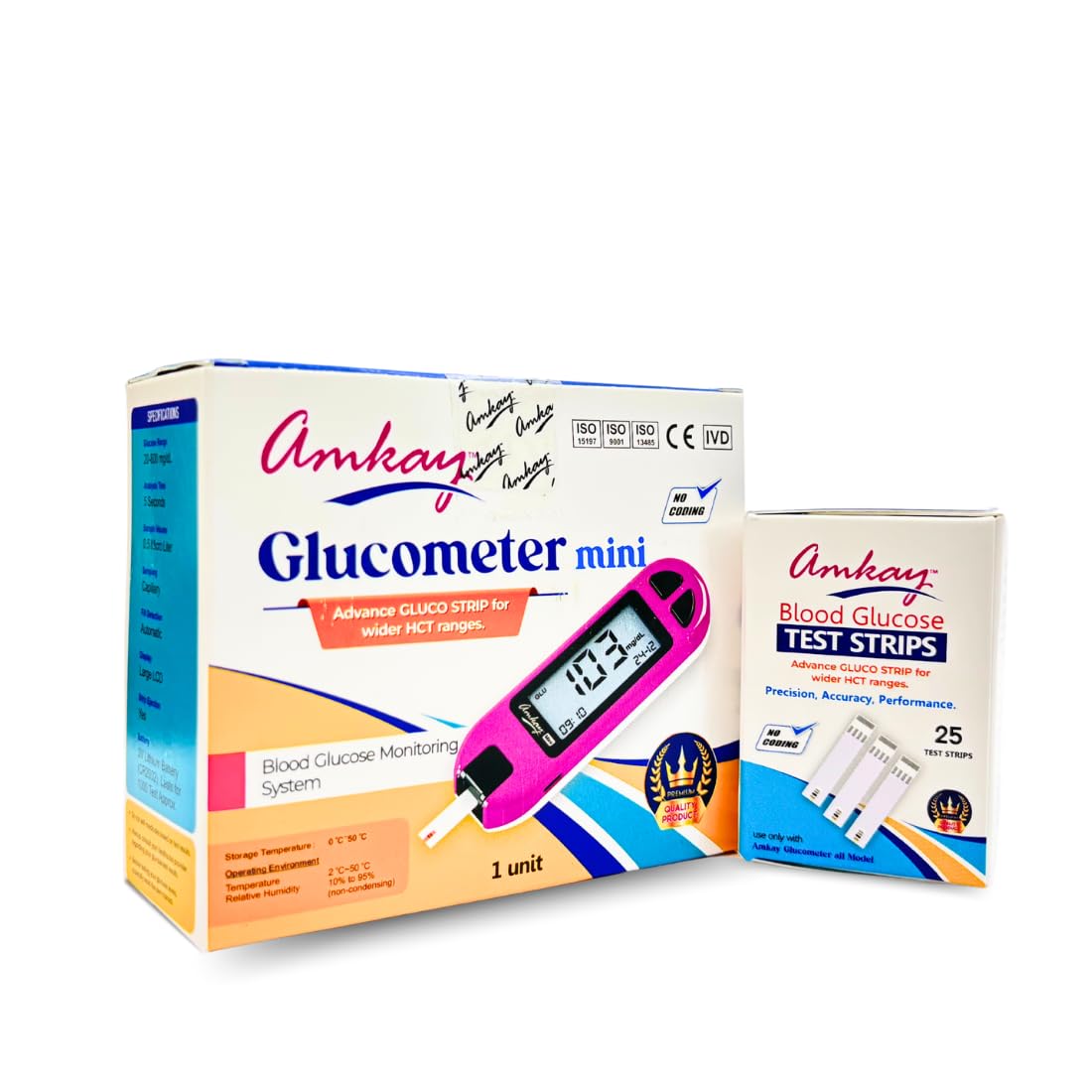 Amkay Glucometer Combo | 25 Gluco Strips + 10 Lancets + 1 Lancing Device + Button Cell | Made in India