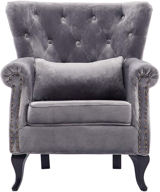 Warmiehomy Modern Velvet Armchair Upholstered Accent Buttoned Wing Chair Conservatory Bedroom Living Room Furniture (Velvet-Grey)