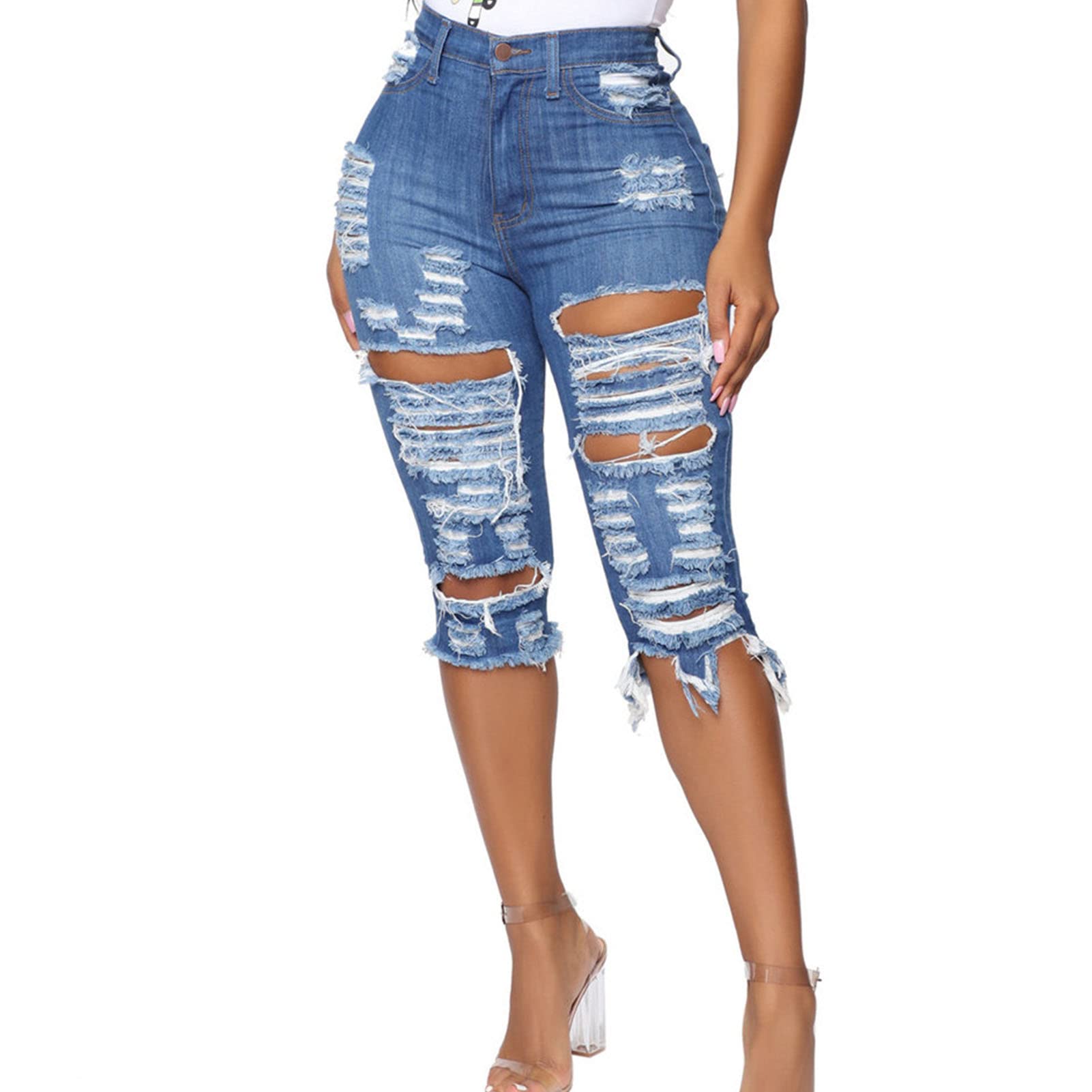 JEKE-DG Women Summer Frayed Ripped Shorts Distressed Denim Jeans Short Knee Length Ripped Stretchy Denim Jean Shorts (Small,Blue)
