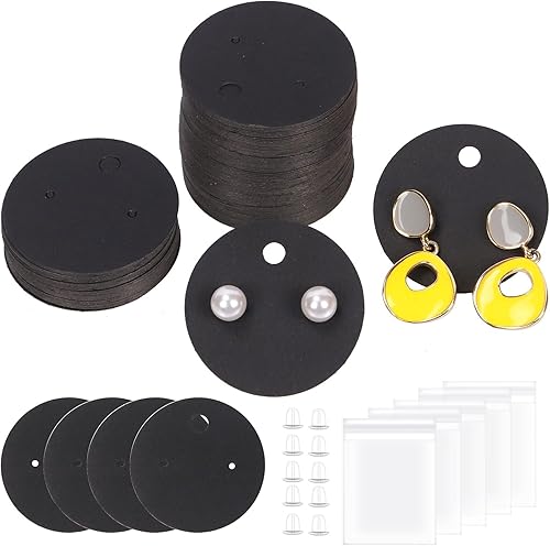 Miniatura 8 de Swpeet Juego de 600 tarjetas de exhibición de aretes de papel kraft, tarjetas redondas de 1.6 in a 1.6 pulgadas con parte trasera de aretes y bolsas