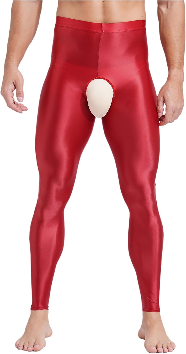 Men's Glossy Cut Out Leggings High Waist Backless Compression Tights Workout Skinny Pants