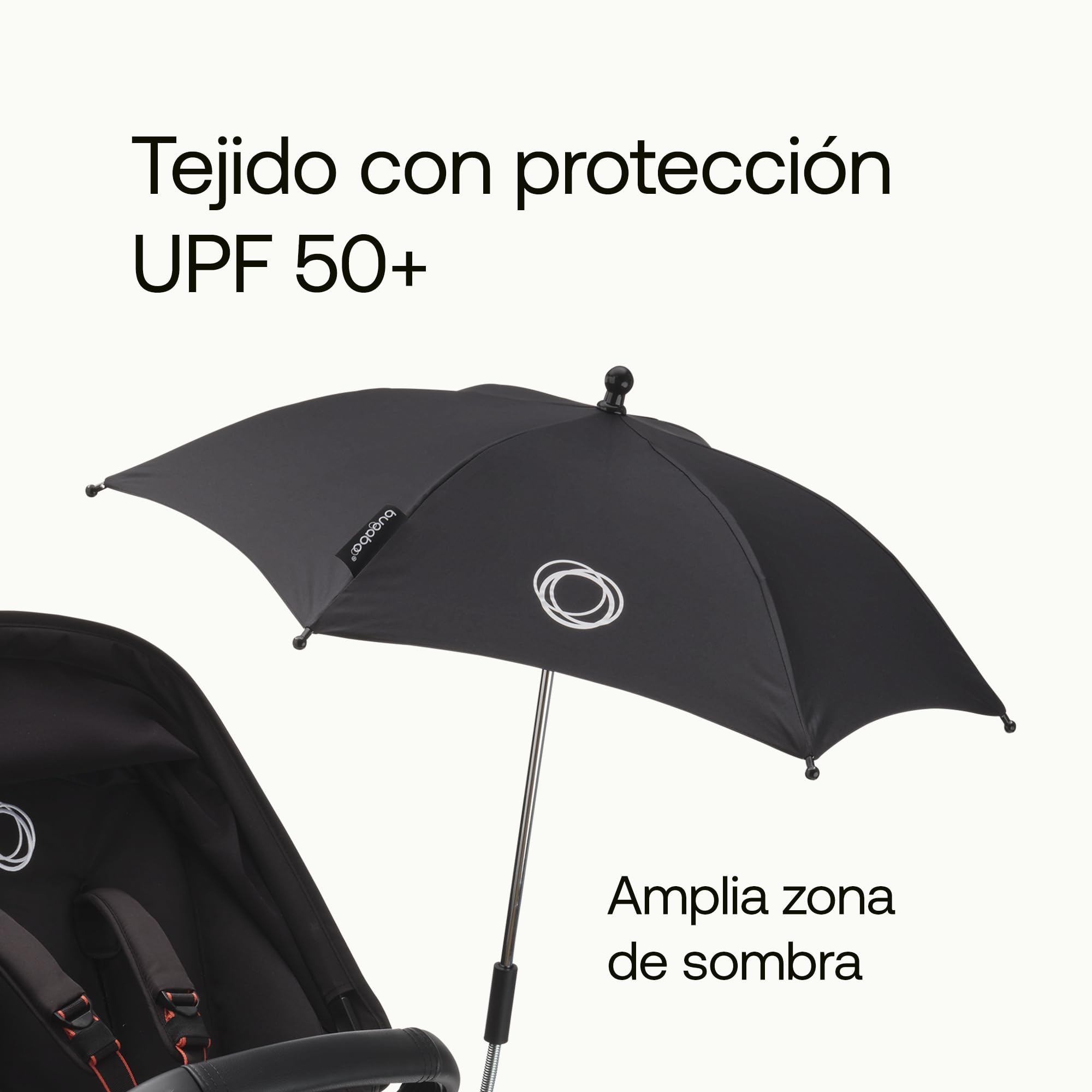Sombrilla+ Bugaboo, Compatible con todos los carritos Bugaboo, Tejido de protección solar UPF 50+ para una protección solar óptima, Conexión con un clic y mecanismo de fácil ajuste, Negro