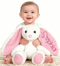 Personalized Bunny Stuffed Animals Baby Easter Basket Stuffers Custom Plush Bunny with Embroidered Childs Name Baby Girl Boy