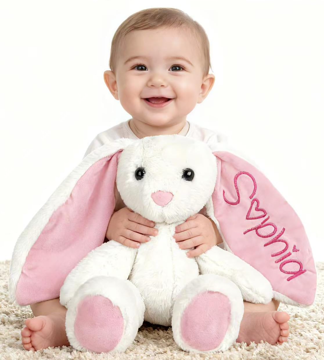 Personalized Bunny Stuffed Animals Baby Easter Basket Stuffers Custom Plush Bunny with Embroidered Childs Name Baby Girl Boy