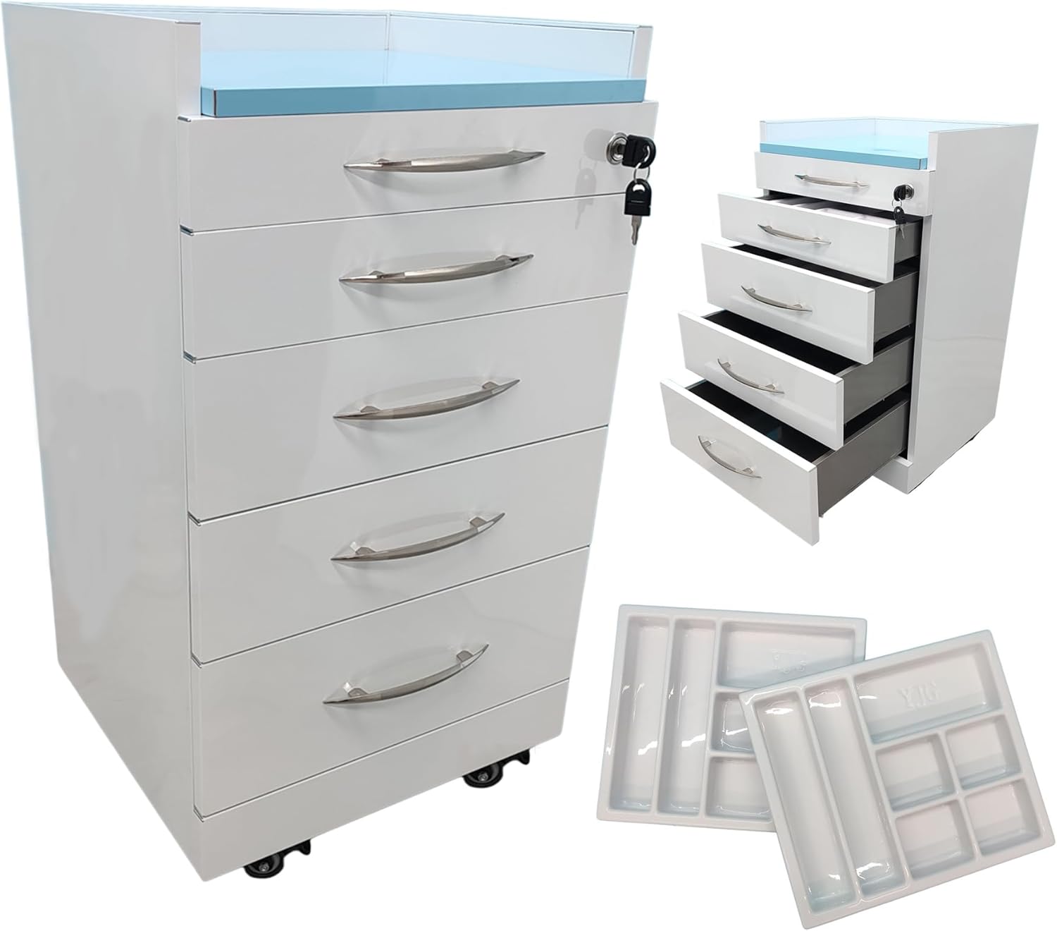 TECHTONGDA 4 Drawer Dental Assistant's Mobile Cabinet Dental Medical Storage Cabinet, Stainless Steel Utility Mobile Medical Trolley Cart with Lock & 2 Partition Trays for Hospital Clinic Office