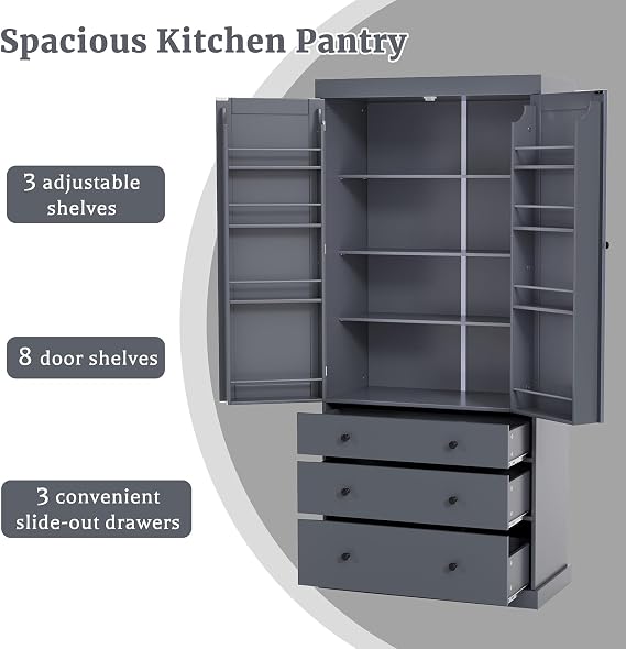 77inch Farmhouse Kitchen Pantry, Freestanding Tall Cupboard Storage Cabinet with 3 Adjustable Shelves, 8 Door Shelves, 3 Drawers for Kitchen, Dining Room, Grey