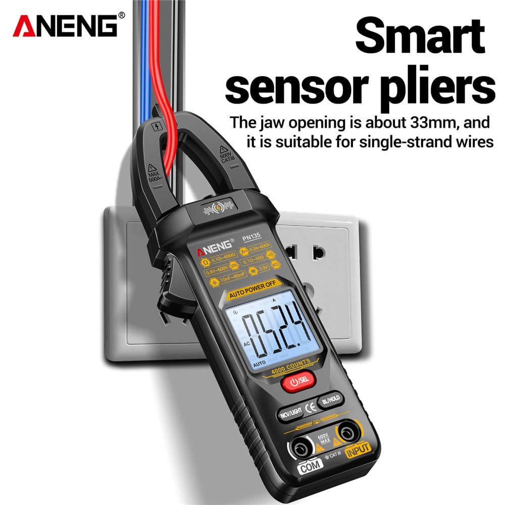 PN135 Display digitale Pinza amperometrica intelligente Tester multimetro Resistenza alla tensione CA/CC Strumenti professionali per elettricisti senza contatto e linea combinata con scatola - Nero