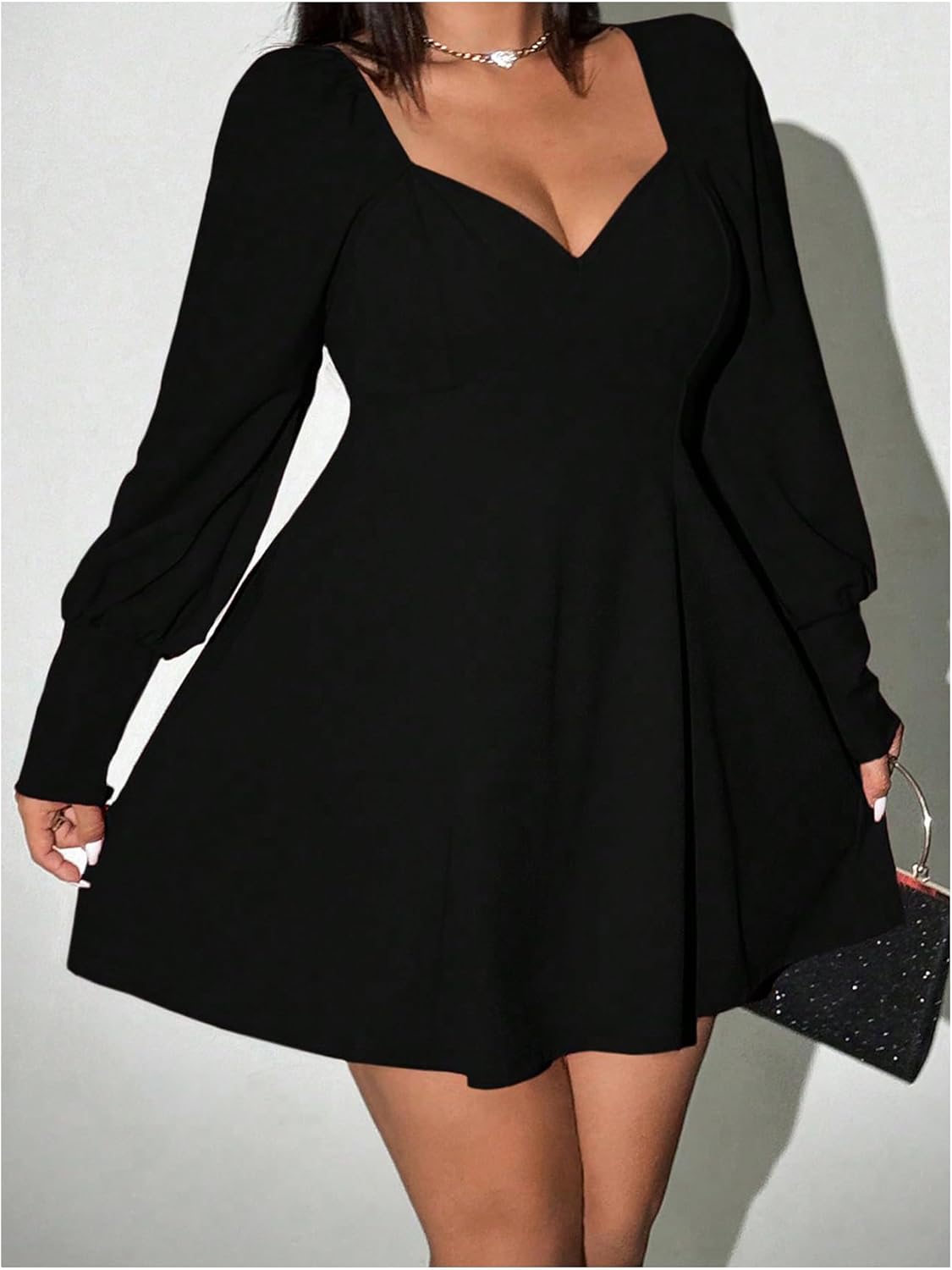 Floerns Women's Plus Size Elegant Fall Sweetheart Neck Long Sleeve Dress Solid Lantern Long Sleeve Mini Dress Going Out Dress - Image 3