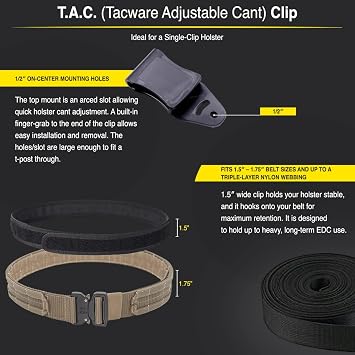 TacWare Cant Clips 2-Pack OWB Adjustable Belt Clips with Hardware Tuckable Universal Holster and Sheath Attachment TAC Grip Hook Design Made in USA