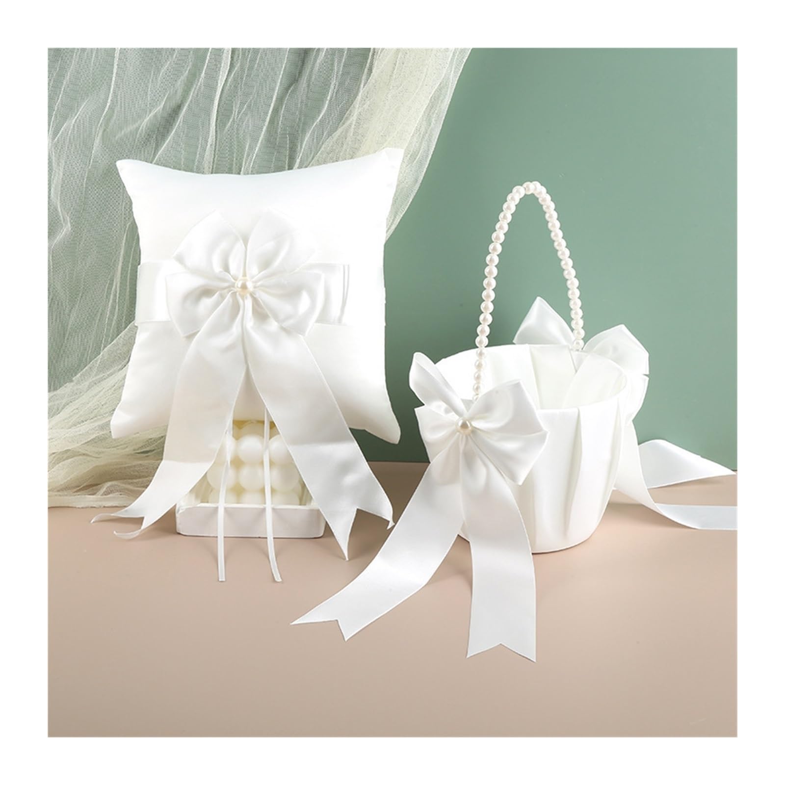 Ringkissen und Blumenkorb-Set for die Hochzeit, weißes Satin-Eheringkissen mit Perlengriff Blumenkörben für die Hochzeitszeremonie(Ring Pillow Set)