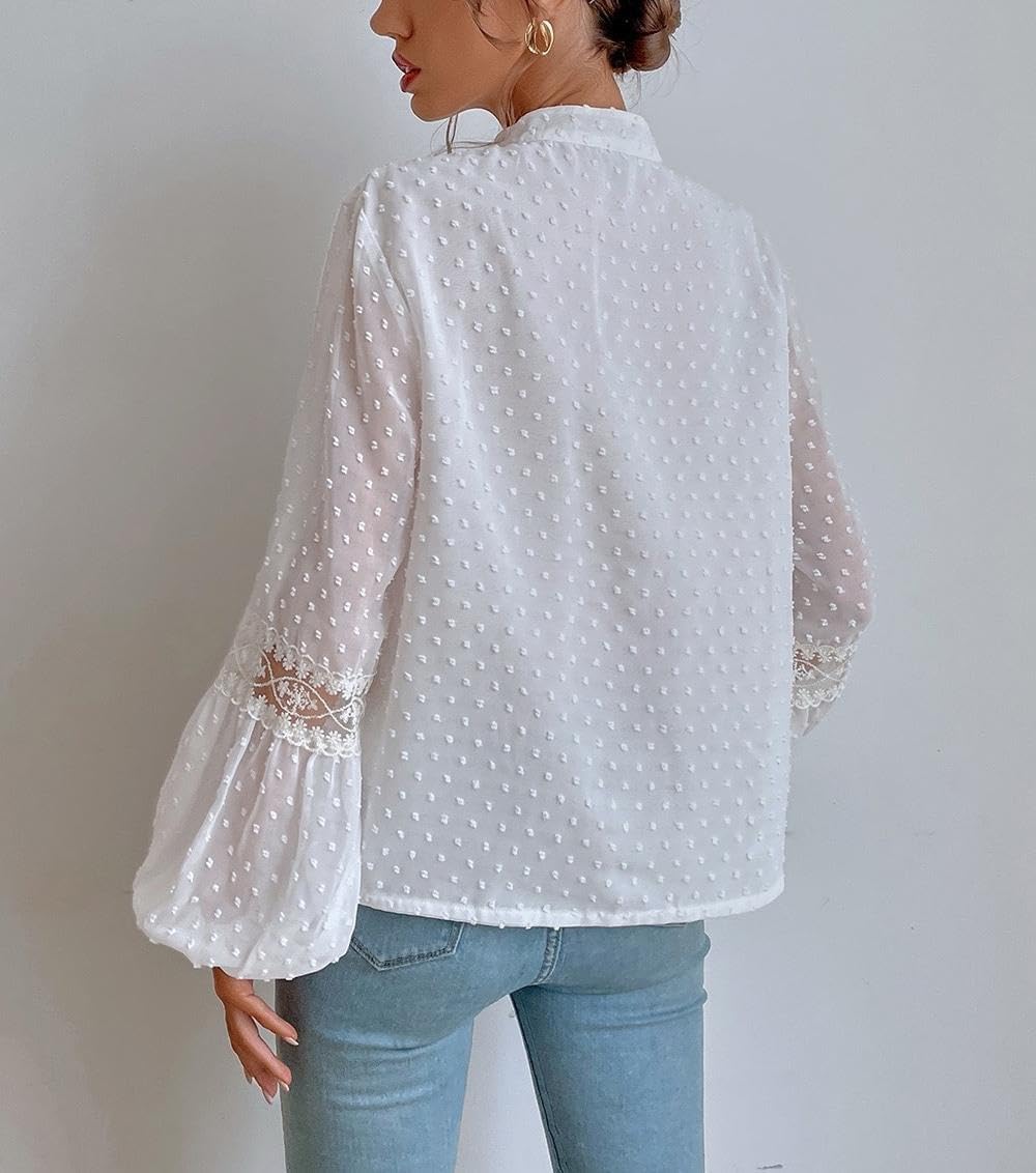 Womens Lantern Long Sleeve Shirt Polka Dot Lace V Neck Casual Blouses Loose Tie Front Drawstring Shirts - Image 5