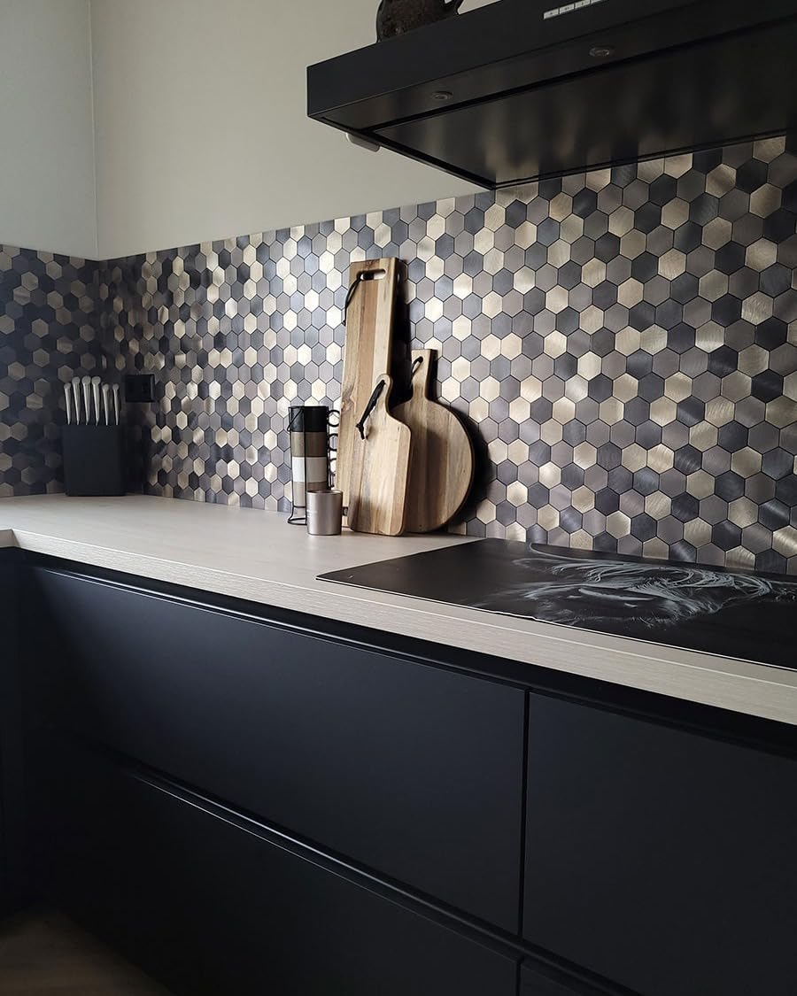 Hexagon Peel and Stick Backsplah Tile | Mix Brown Self Adhesive Kitchen Backsplash Tiles | Stick On Bathroom Wall Tiles | 12 Tiles