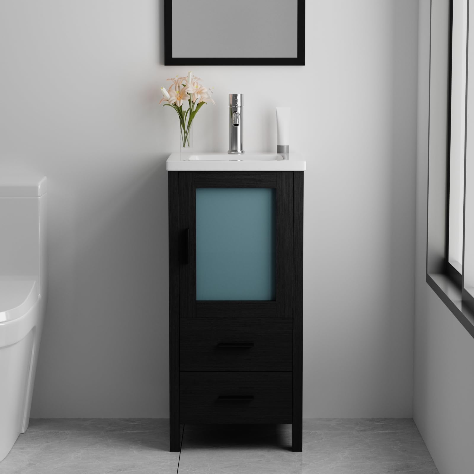 Photo 1 of wonline 16 Inch Modern Bathroom Vanity with Sink, Single Bathroom Cabinet Vanity for Small Space, Freestanding Storage Drawered Cabinet with Faucet & Pop Up Drain, Black