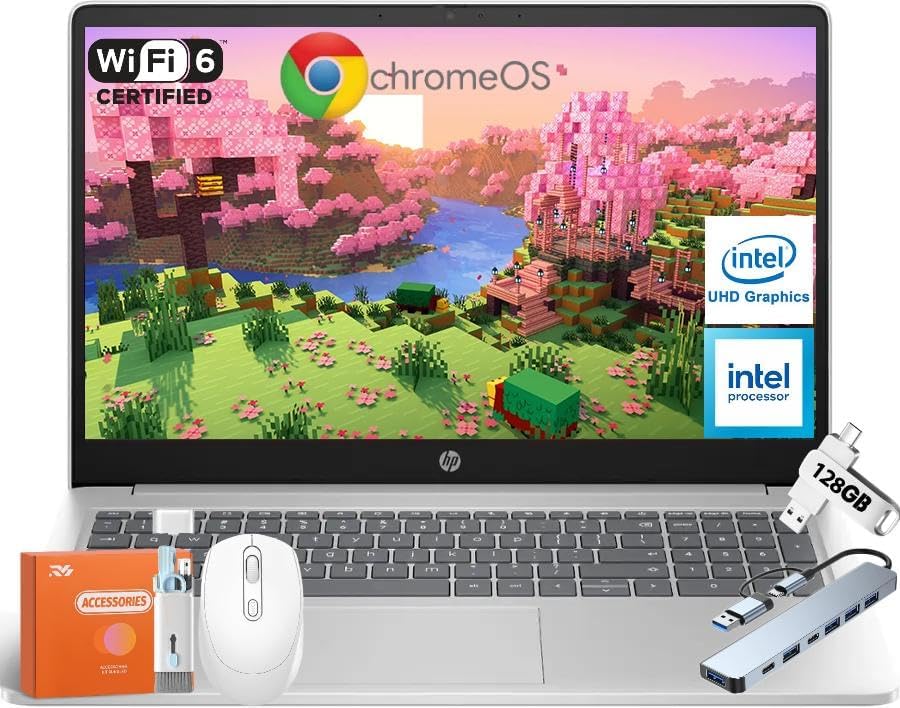 HP Chromebook Laptop, 15.6" HD Anti-Glare Display, Chrome OS, Intel 4-Core N200 Processor(Beats N4120), 8 GB RAM, 128 GB Storage (64GB eMMC+64GB MicroSD), Intel UHD Graphics, Wi-Fi 6, w/Accessories