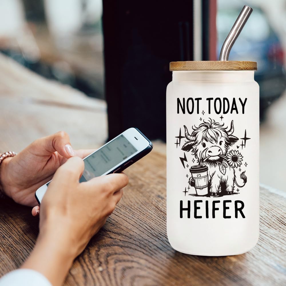 Funny Cute Highland Cow Print 16oz Coffee Cup Gifts for Cow Lovers Women, Not Today Heifer Glass Cups with Lids and Straws Gift for Perfect for New Mom, Mother in Law, Step Bonus,Birthday - Image 3