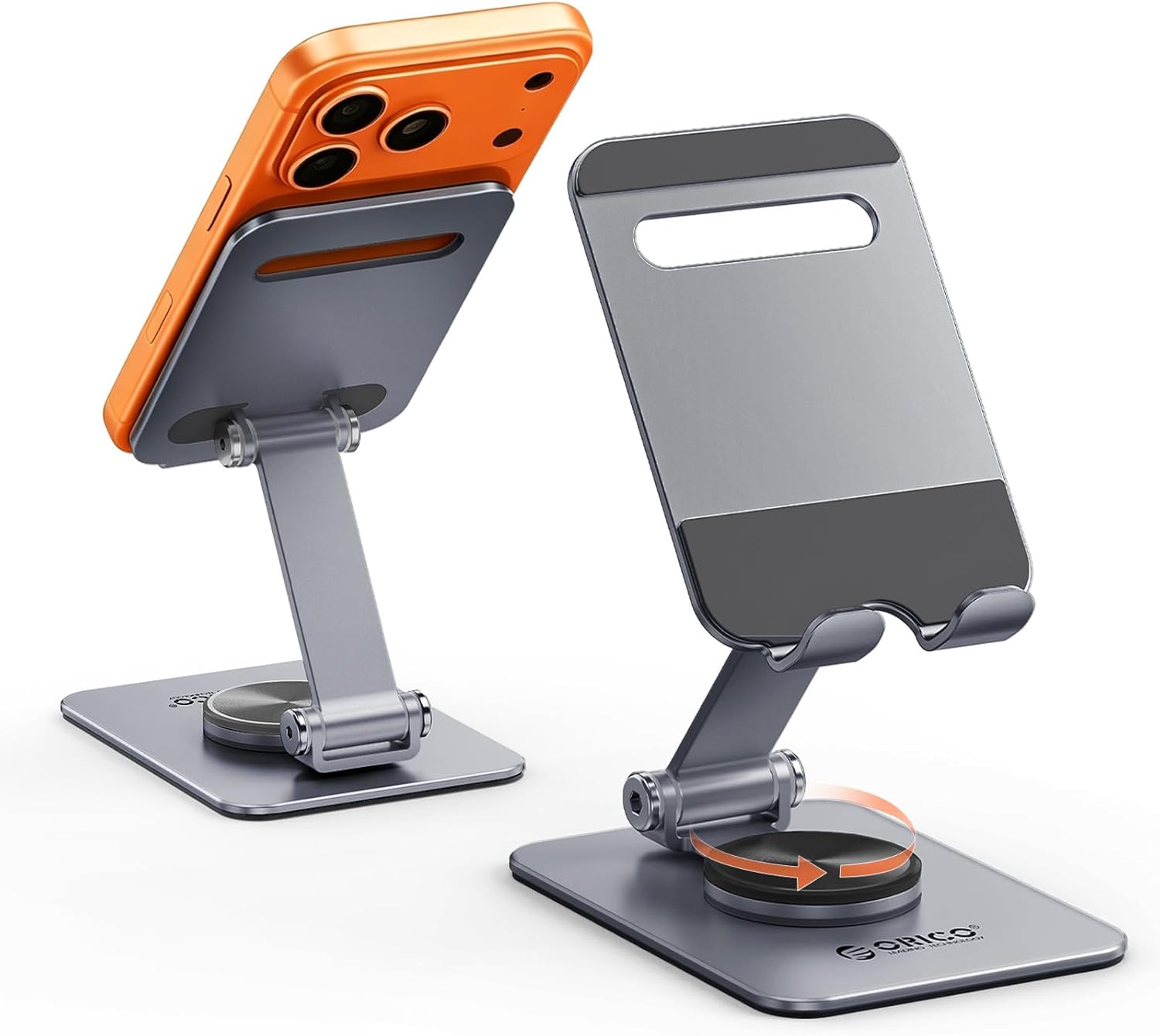 ORICO Aluminum Phone Stand for Desk, Foldable and Height Adjustable Metal Mobile Phone Holder with 360° Rotation for iPhone 17 16 15 14 13 12 Pro Max XR Xs X, Samsung Galaxy, All Smartphones – Gray