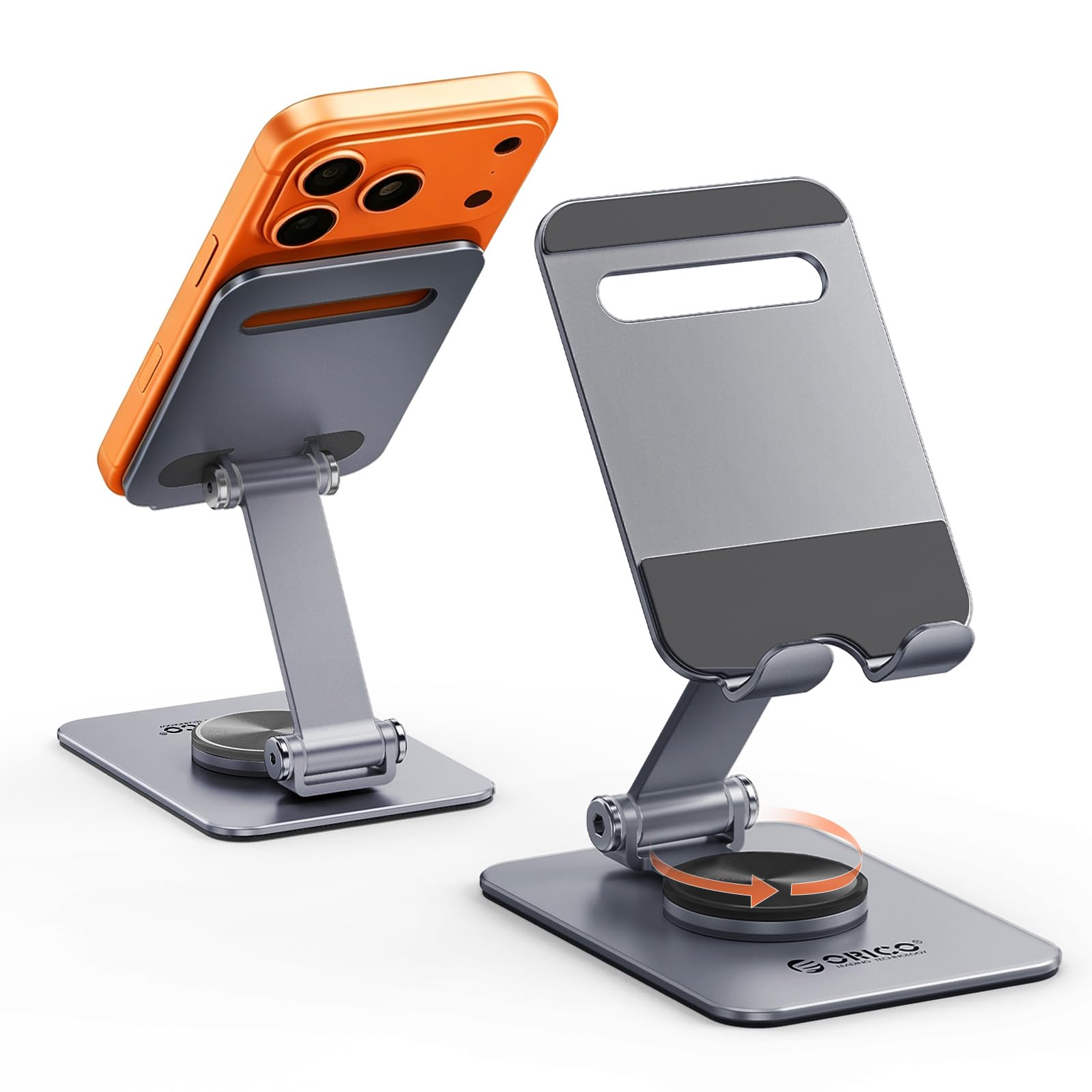 ORICO Support Téléphone Bureau, Rotation 360°, Porte Telephone Réglable et Pliable, Support Telephone en Aluminium pour iPhone 17/16/15/14/13/12 Pro Max et Smartphone Jusqu’à 6,9" – PS2, Gris