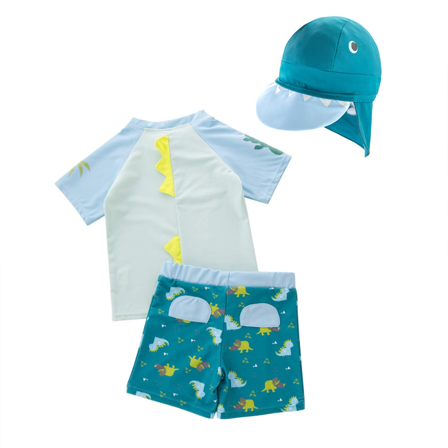 stylesilove Kid Boys Chic Dinosaur Print Rash Guard with Swim Hat 3pcs Green Swimsuit Pool Party Swimwear Beach Bathing Suit (12-18 Months, 18_Months)
