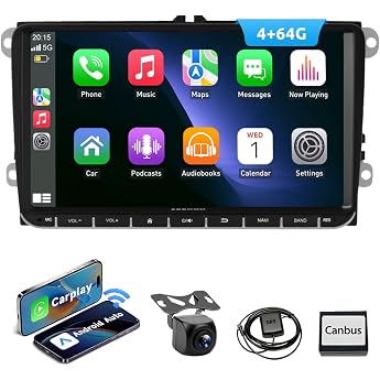 ESSGOO True 4+64G 9 Inch Car Radio with Carplay and Android Car Android 15 Car Radio for VW Golf 5 6 Polo Touran B7 EOS Tiguan Seat Skoda with Bluetooth GPS RDS Navi FM AM SWC Reversing Camera