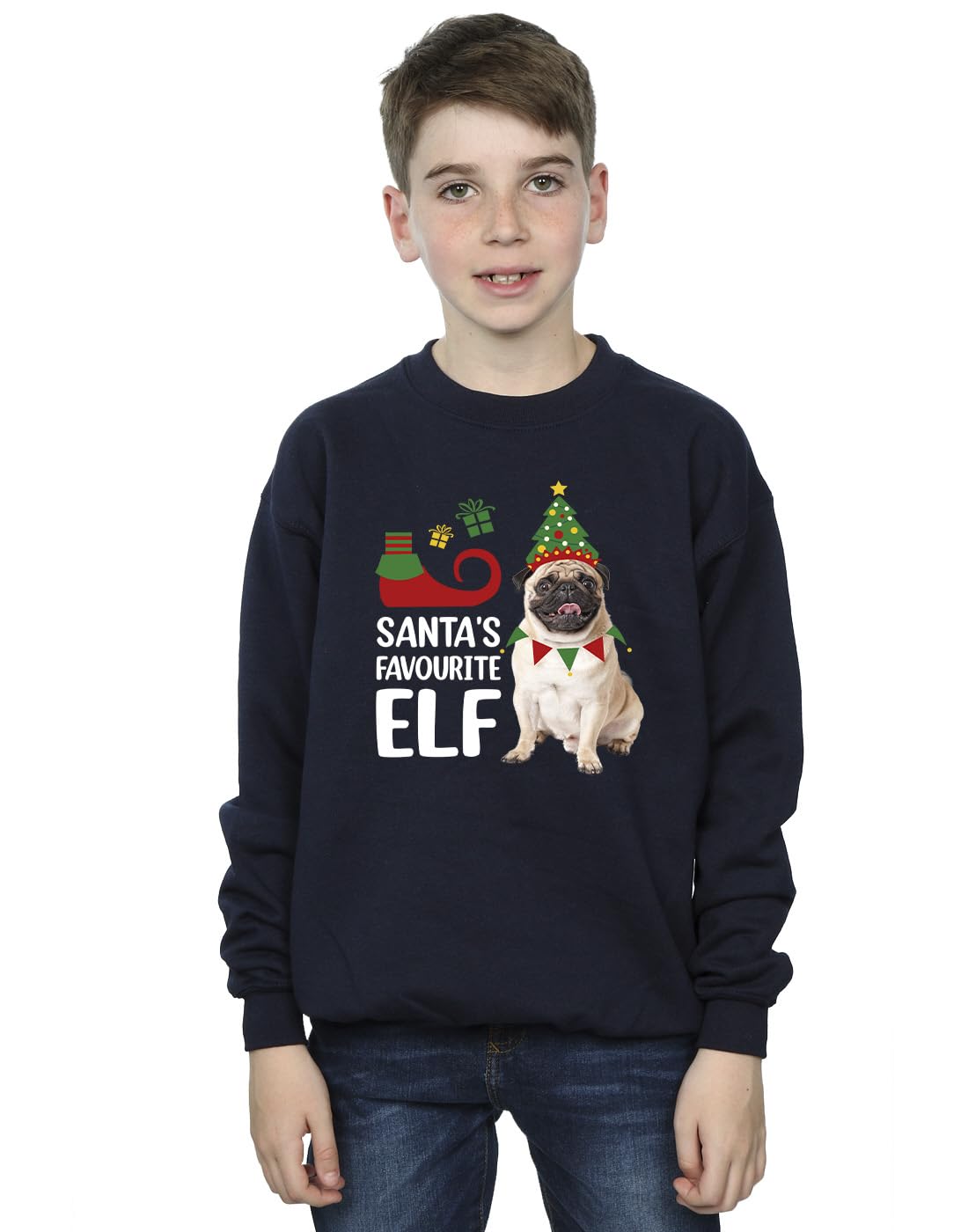 Christmas Boys Pug Santa's Favourite Elf Sweatshirt Navy Blue 9-11 Years