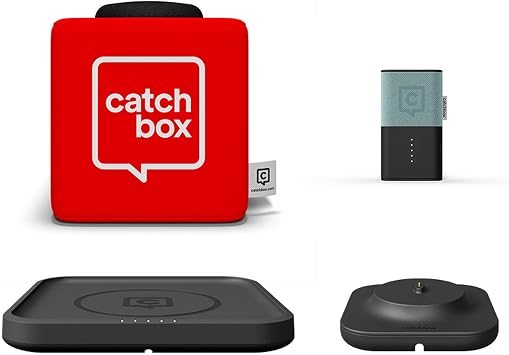 Catchbox Plus Pro Throwable Microphone System with 1 Red Cube, 1 Teal Clip, 1 Wireless Charger, and 1 Dock