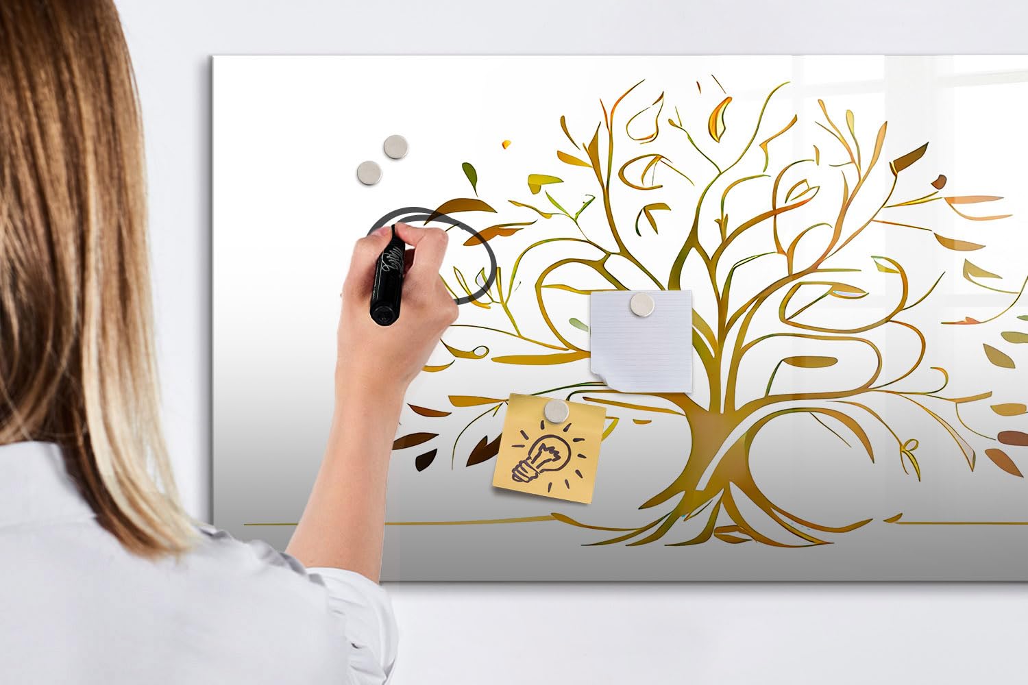 Magnetisches Glasboard mit starken Neodym-Magneten & Marker-Set | Abwischbar, modern & langlebig | Perfekt für Büro, Besprechungen & Homeoffice- 120x60 - Goldener Baum