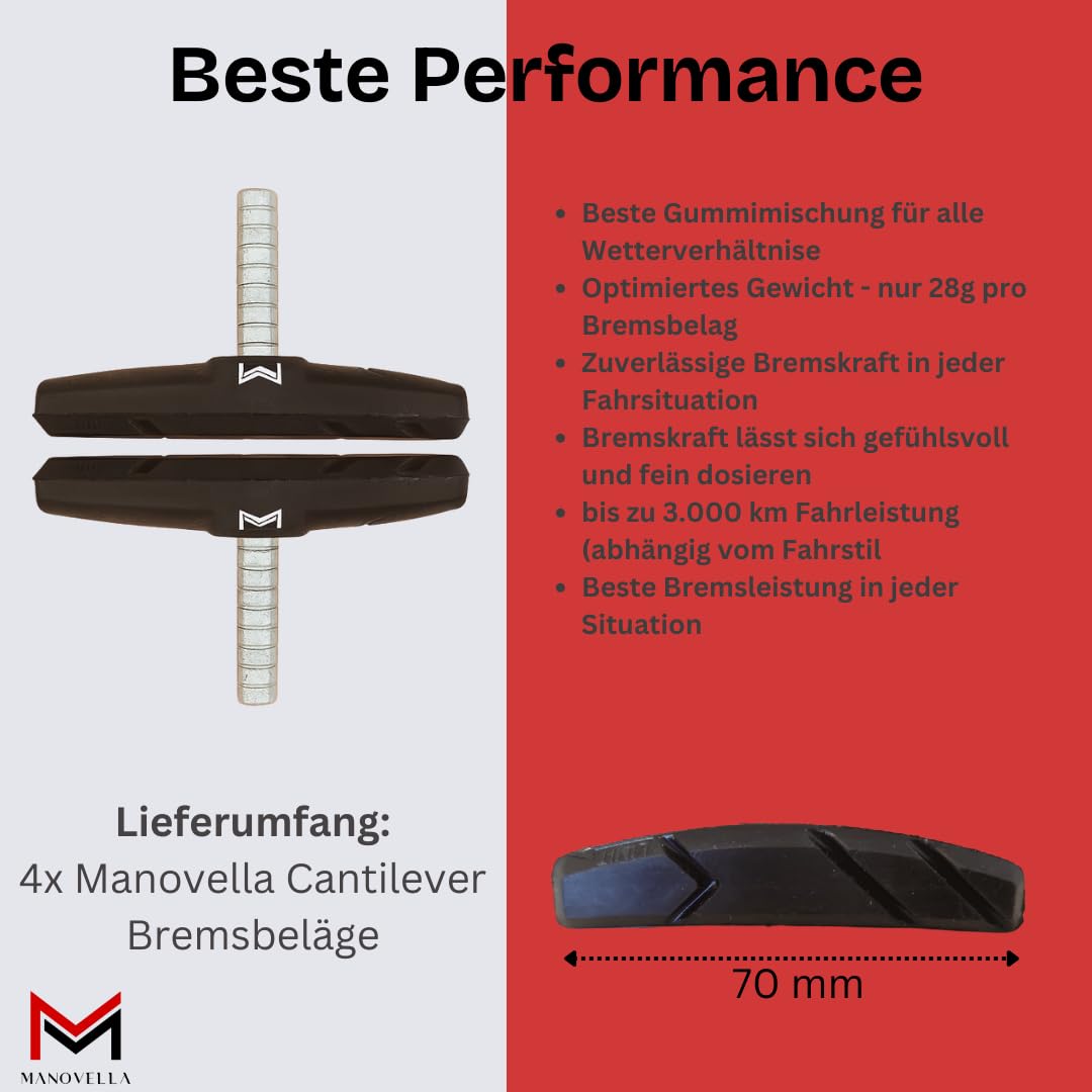 Manovella Klocki hamulcowe Cantilever 70 mm – symetryczne – 4 sztuki (2 pary) w zestawie z mocowaniem – Okładziny hamulcowe pasujące do Shimano SRAM Tektro Magura MTB Trekkingrad Citybike – trwałe i