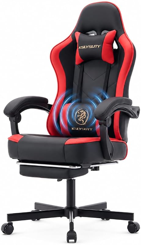 Silla de escritorio de oficina para juegos de computadora para adultos, silla ergonómica de respaldo alto con cojín de masaje y muelles ensacados, sillas giratorias cómodas para videojuegos con reposapiés y soporte lumbar (negro rojo)