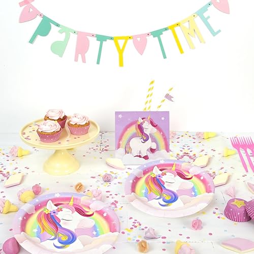 Miniatura 7 de Juego de 96 suministros de fiesta de unicornio arcoíris Incluye platos de papel para cena y postre, servilletas, tenedores para fiestas de