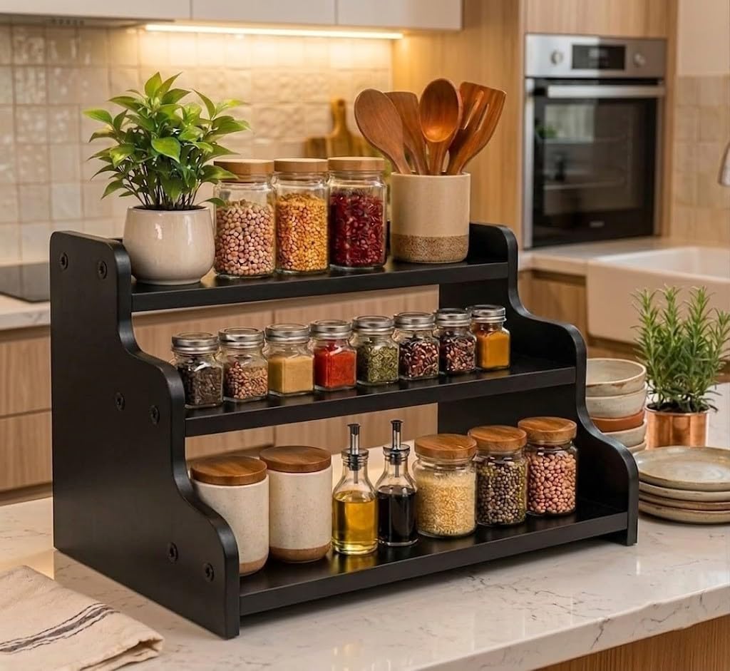 3-Tier Spice Rack, 13.8 Inch Wood Spice Bottles, Jars, Seasonings, Baking Supplies, Shelf Countertop Spice Storage Holder, Kitchen Pantry Cabinet Organizer Cupboard (BLACK)-image-18