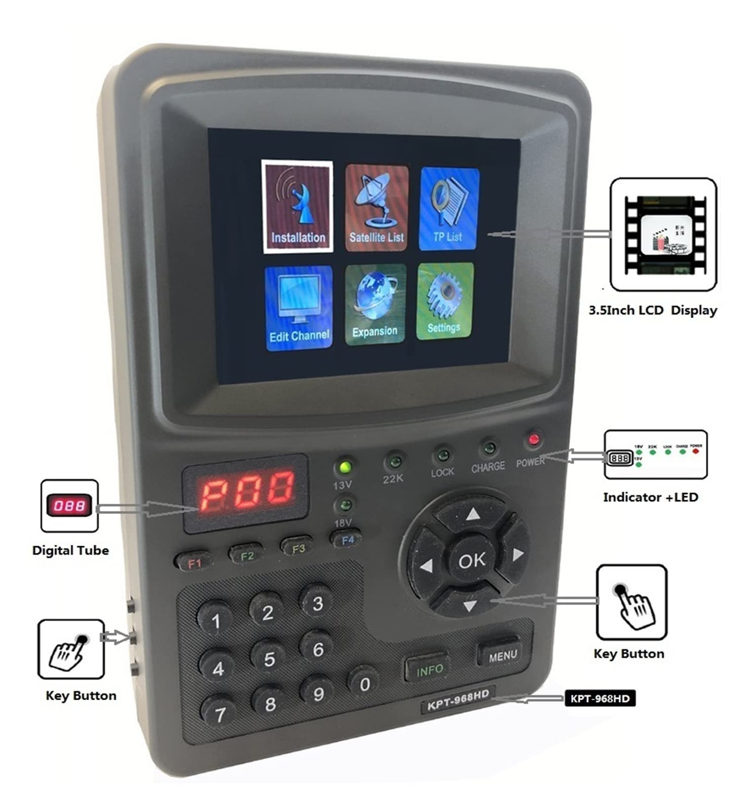 Medidor de Intensidad de señal de TV, KPT-968HD DVB-S2 Buscador de satélite Full HD Digital Satellite TV Receptor Finder Meter MPEG-4 HD DVB-S2 + HEVC H2.65 4K Finder AVS +,Buscador de satélites