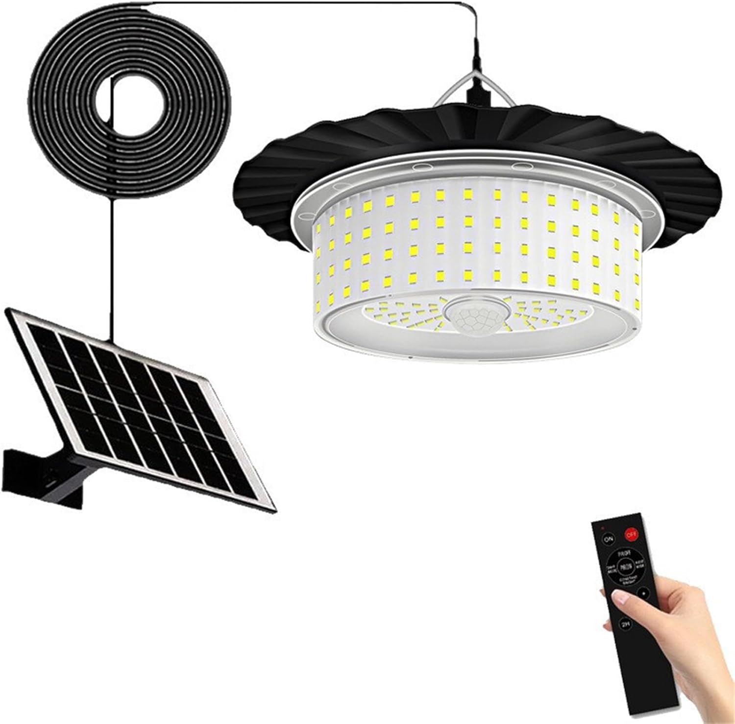ikaufen Solar Pendant Light, 100000LM 244LED Solar Motion Sensor Lights, 360 Degree Illumination Shed Light 4 Light Modes IP65 Waterproof 16.5ft Cable Garden Lamp for Indoor & Garden Patio Garage (1)